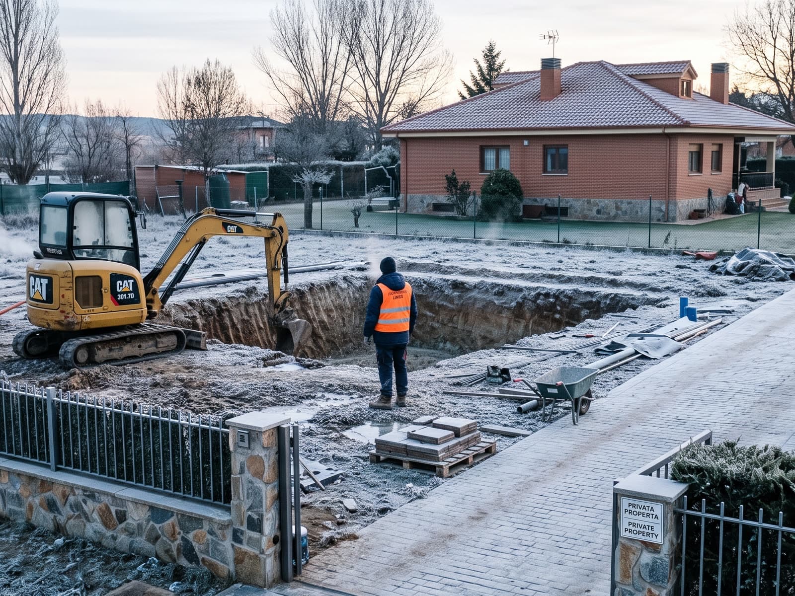 Obra de una piscina en marcha una mañana de invierno, con el terreno escarchado, la miniexcavadora trabajando y los árboles sin hojas al fondo. Recreación generada por ordenador, no es una fotografía.