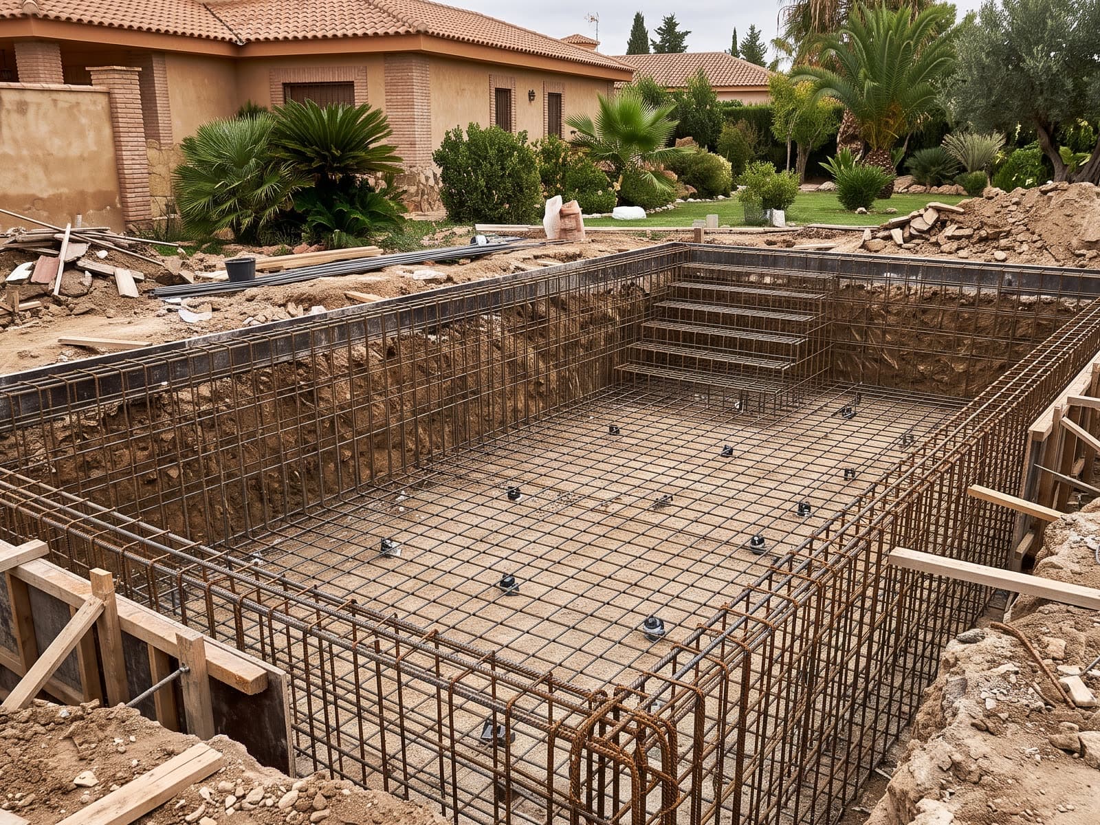 Vaso de una piscina de obra a medio construir en el jardín de una vivienda unifamiliar, con el armado de acero de solera y muros montado dentro del hueco excavado, antes de hormigonar. Recreación generada por ordenador, no es una fotografía.